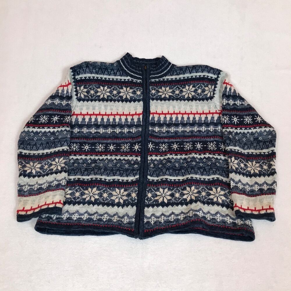 Vintage Cottage Tiara Ramie Fair Isle Nordic Stripe Chunky Knit Full Zip Sweater